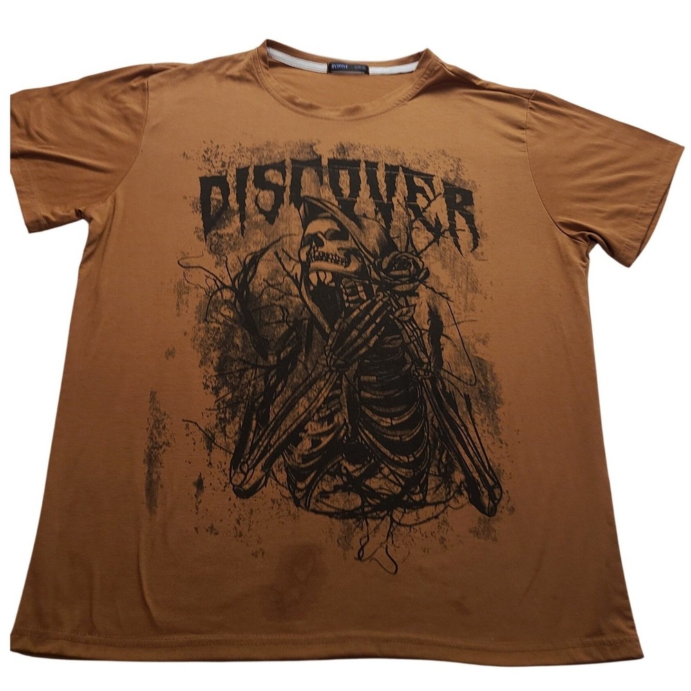 Romwe Men's Discover Skeleton Reaper Graphic T-Shirt Brown Large Short Sleeve